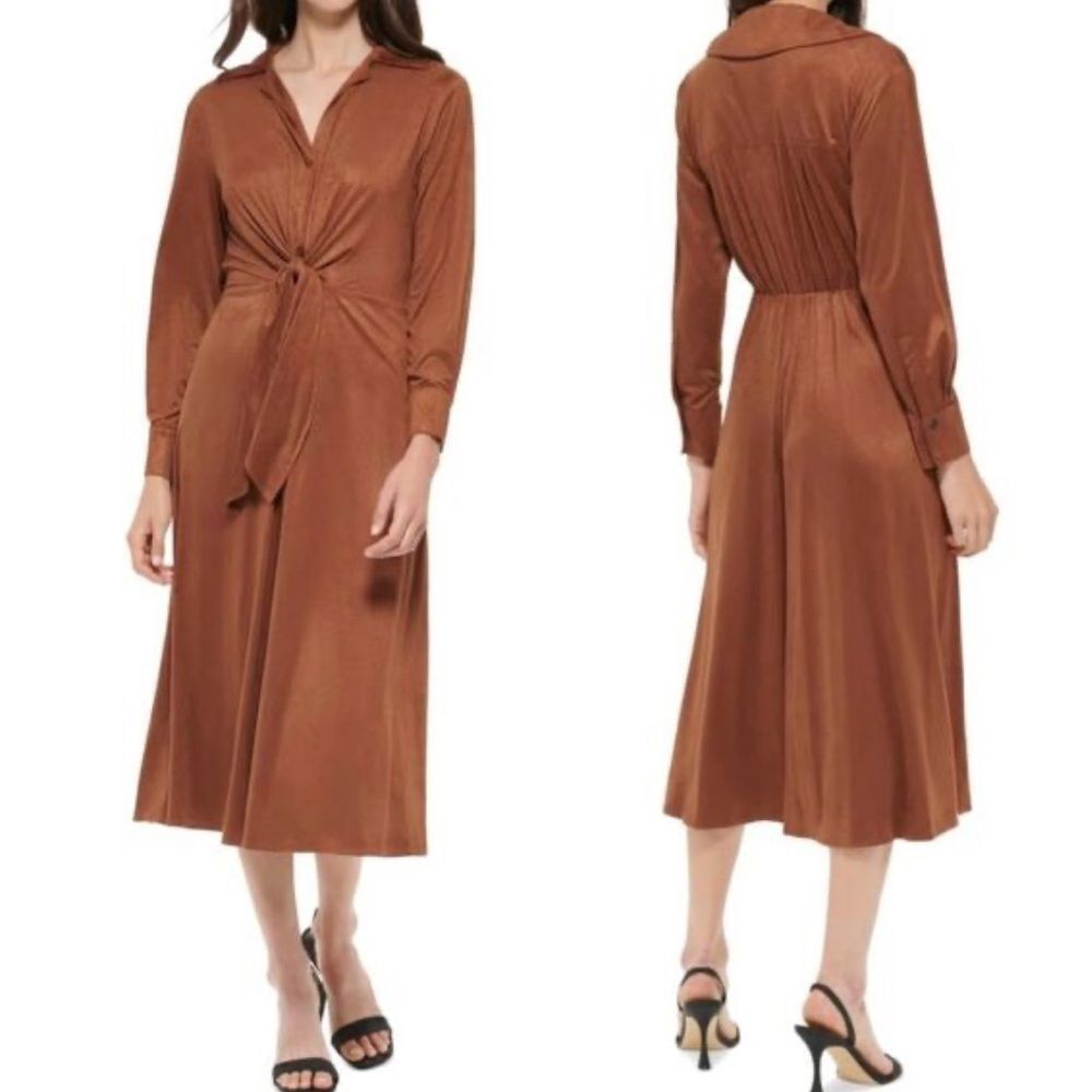 Calvin Klein Faux-Suede long sleeve A-Line Midi Dress Brown Tan Fall size 10